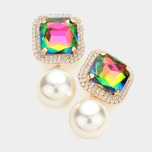 Vitrail Dangle Pearl Crystal Clip On Earrings 2.5 Inch Square Drop ClipOns